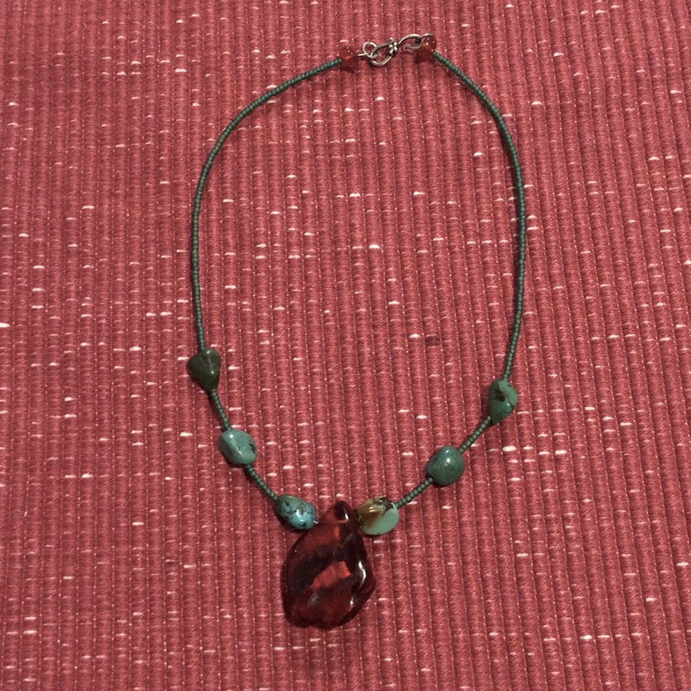 Beaded Short Necklace - turquoise and orange